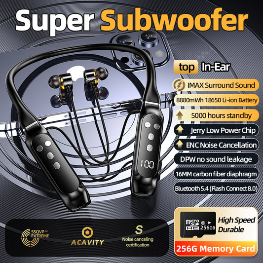 OKALINK Super Subwoofer In-Ear Bluetooth Neckband – 5000H Standby, IMAX Surround Sound, 256GB Memory Card